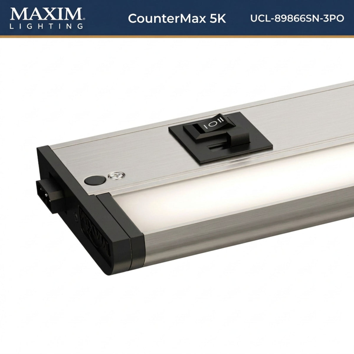 Satin nickel undercabinet LED light bar with outlet module and rocker switch on end