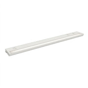 White undercabinet LED light bar with slim profile and integrated outlets, 30-inch length.