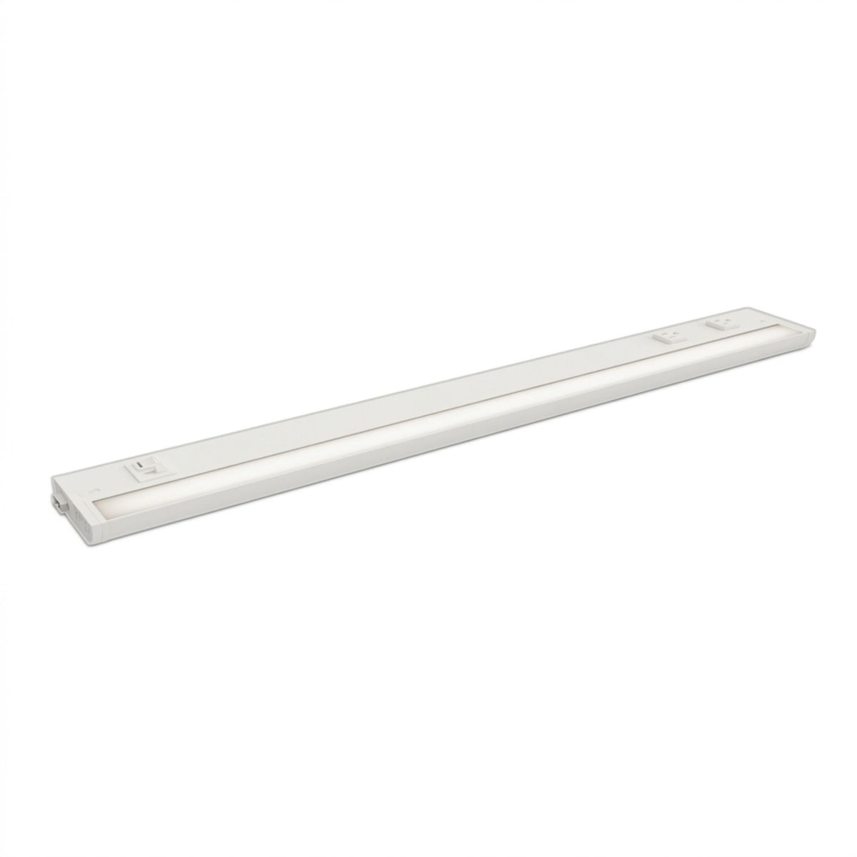 White undercabinet LED light bar with slim profile and integrated outlets, 30-inch length.