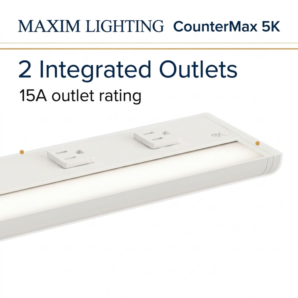 White undercabinet light bar showing two integrated outlets on the front panel.