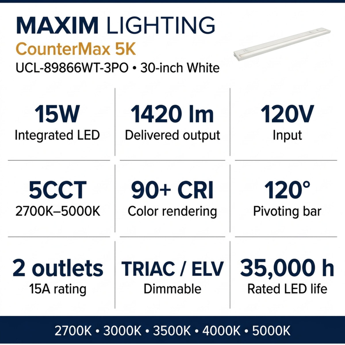 Specification graphic for Maxim Lighting CounterMax 5K undercabinet LED light bar.