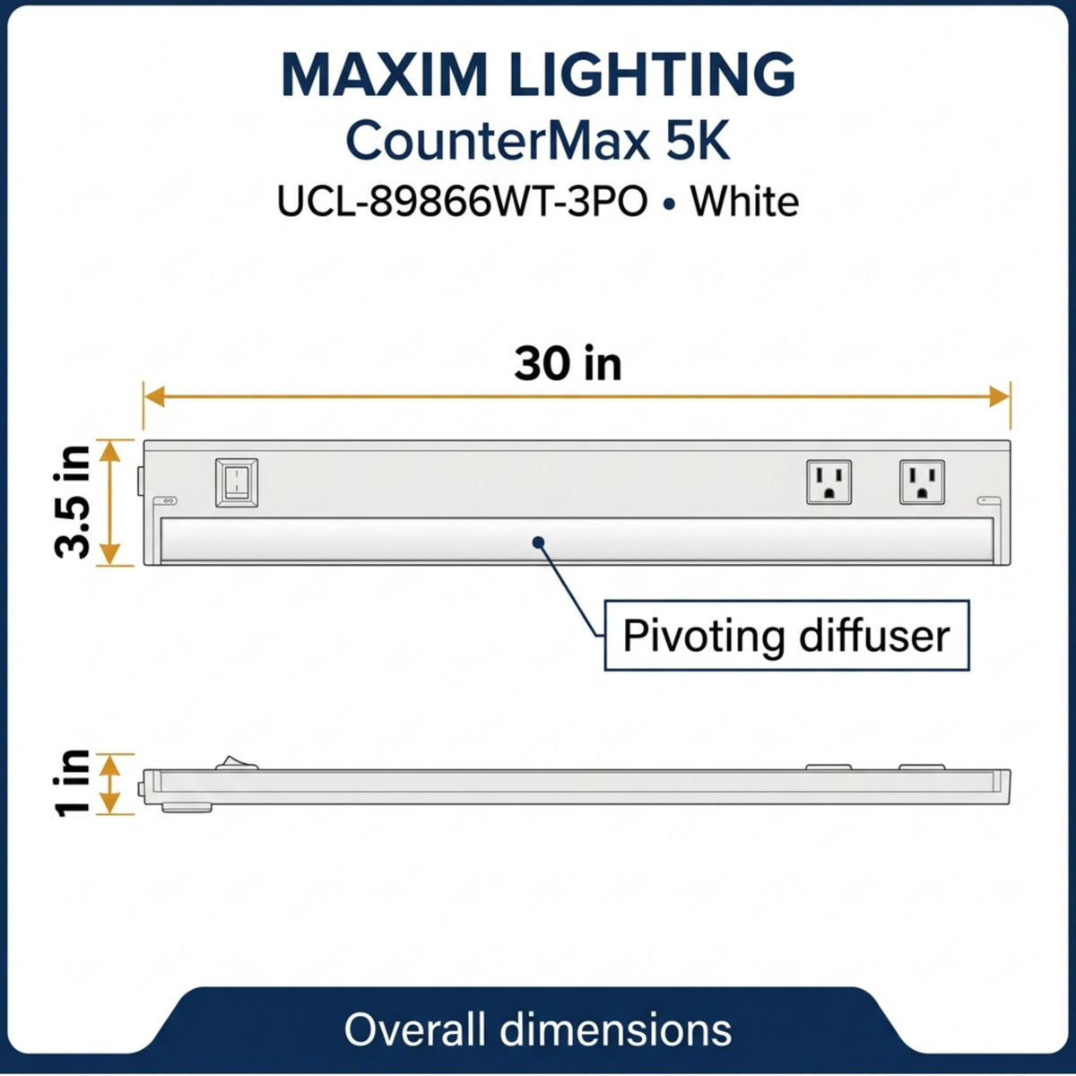 White CounterMax 5K undercabinet light fixture with overall dimensions diagram.