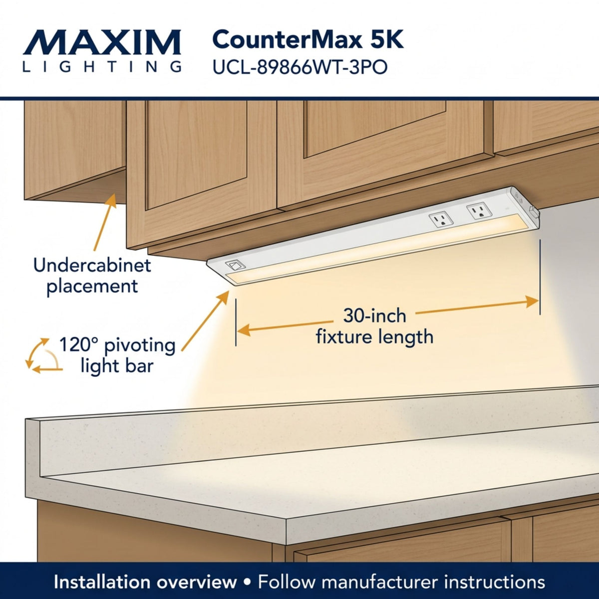 White undercabinet LED light bar under cabinet with two outlets and 120-degree pivoting light bar.