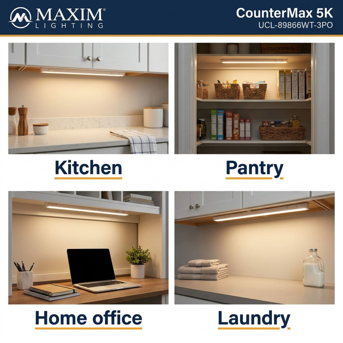 White undercabinet LED light bar installed in kitchen, pantry, home office, and laundry areas.