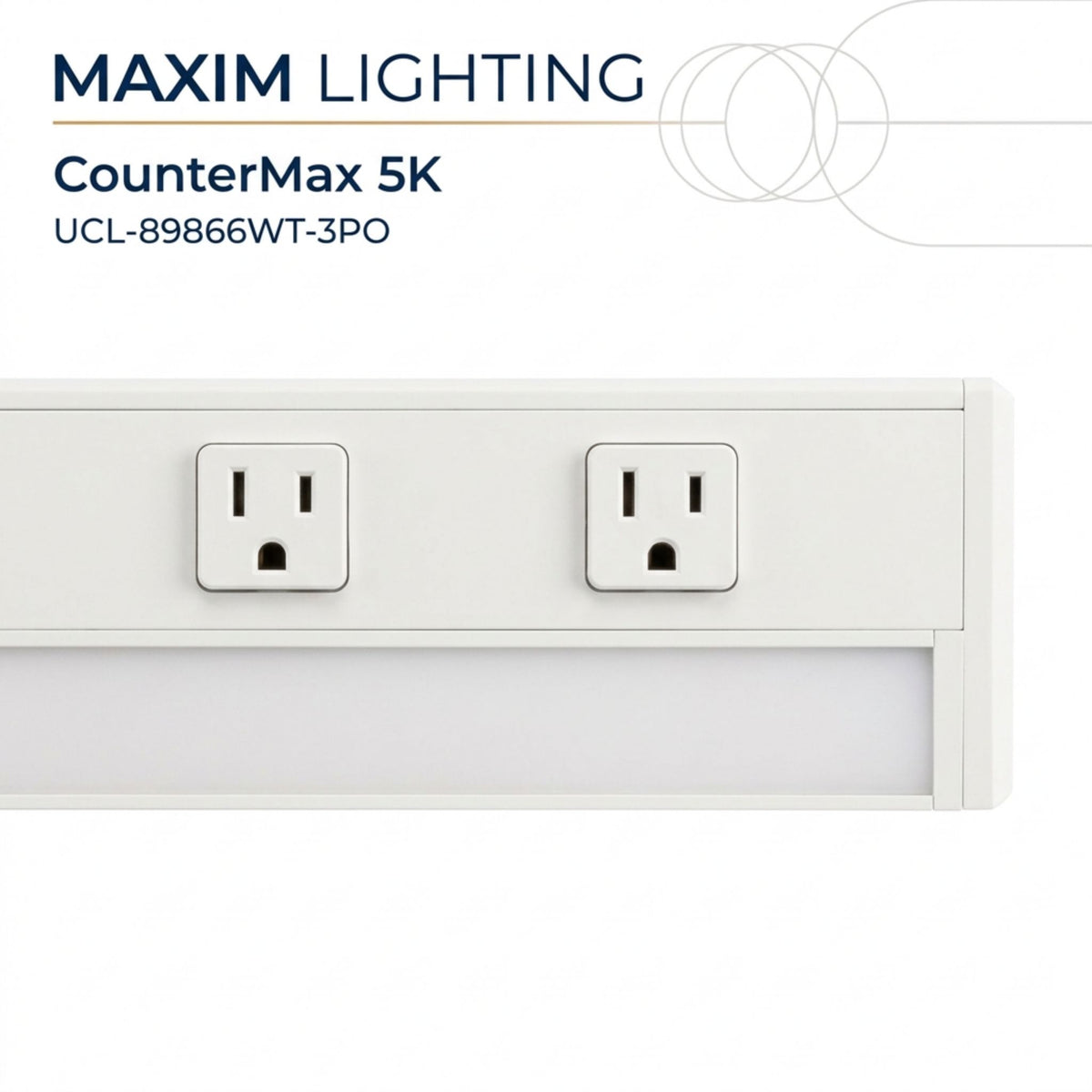 White undercabinet light bar front view showing two 15A outlets with test ports.