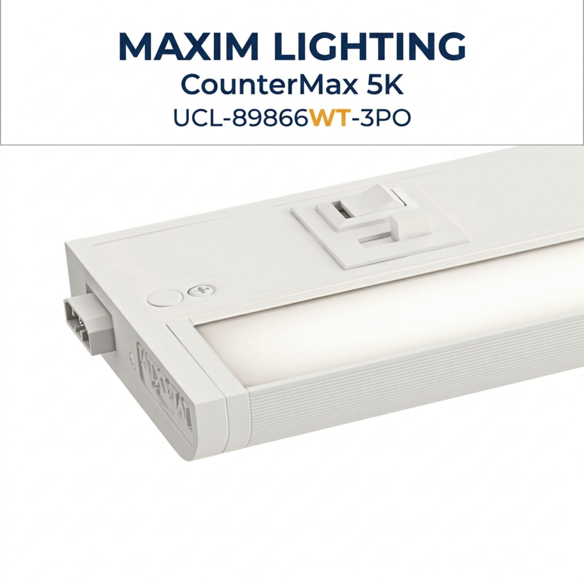 White undercabinet LED light bar angled view showing integrated outlets and side wiring.