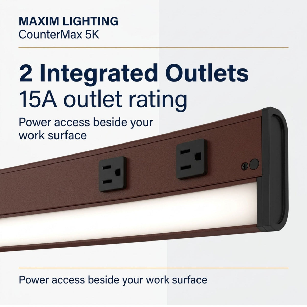 Bronze undercabinet LED light bar with two outlets and black side housing