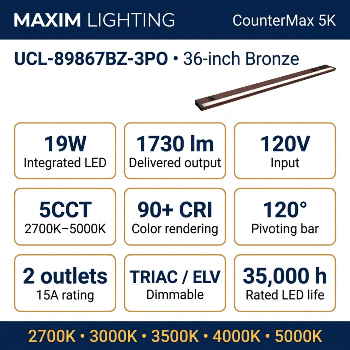Bronze 36 in undercabinet LED light bar with pivoting bar