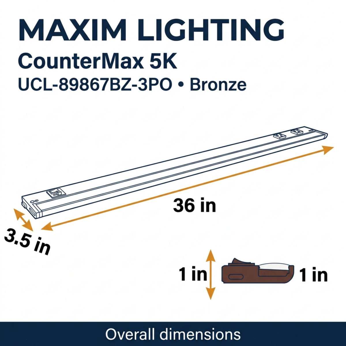 Bronze undercabinet LED light bar with 36 in overall dimensions diagram
