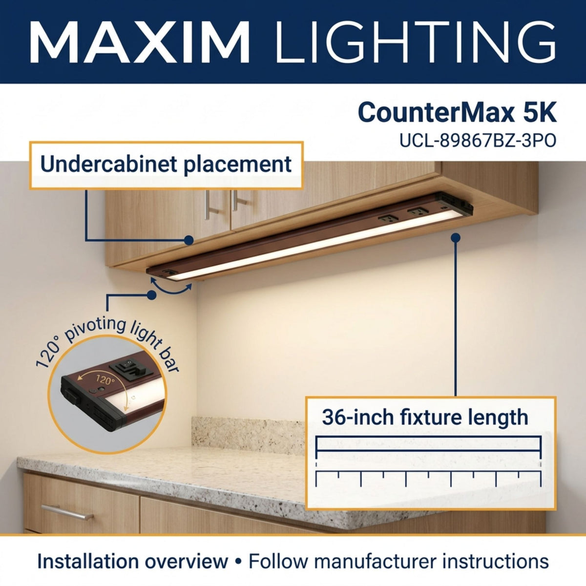 Bronze undercabinet LED light bar with undercabinet placement and pivoting head