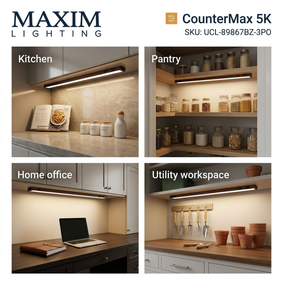 Bronze undercabinet LED light bar shown installed in kitchen, pantry, and office