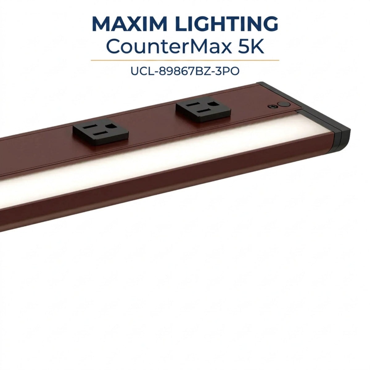 Bronze undercabinet LED light bar with two outlet openings on top