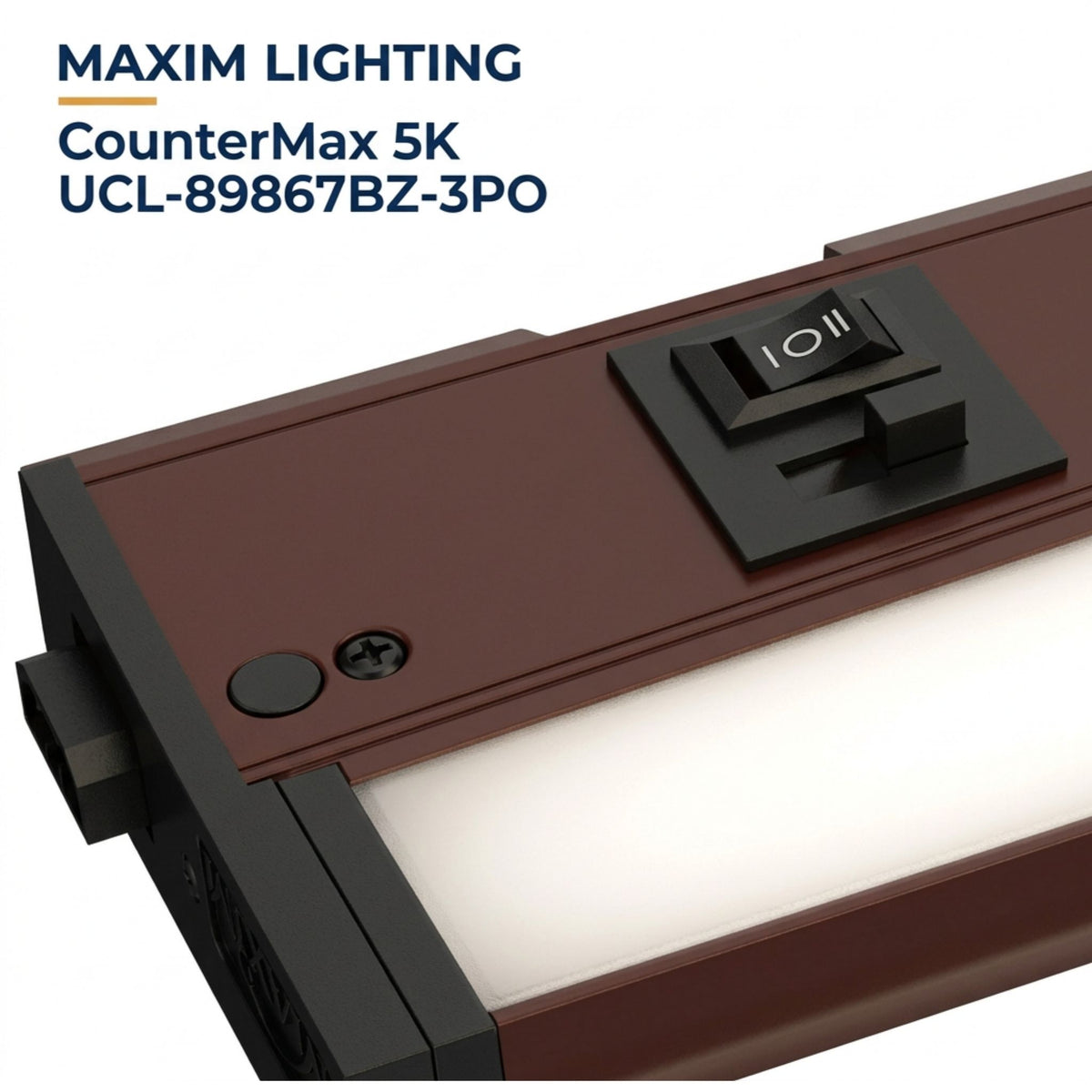 Bronze undercabinet LED light bar with outlet ports and control switch