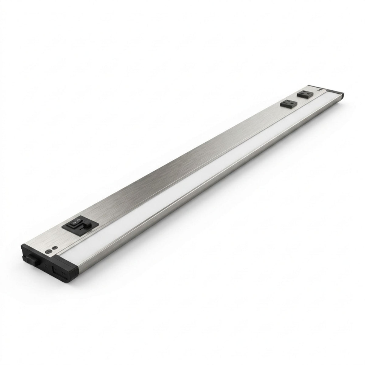 Maxim CounterMax 5K satin nickel under-cabinet light bar with integrated outlets