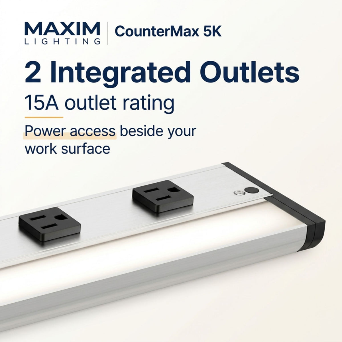 Maxim CounterMax 5K light bar with two integrated outlets on satin nickel face