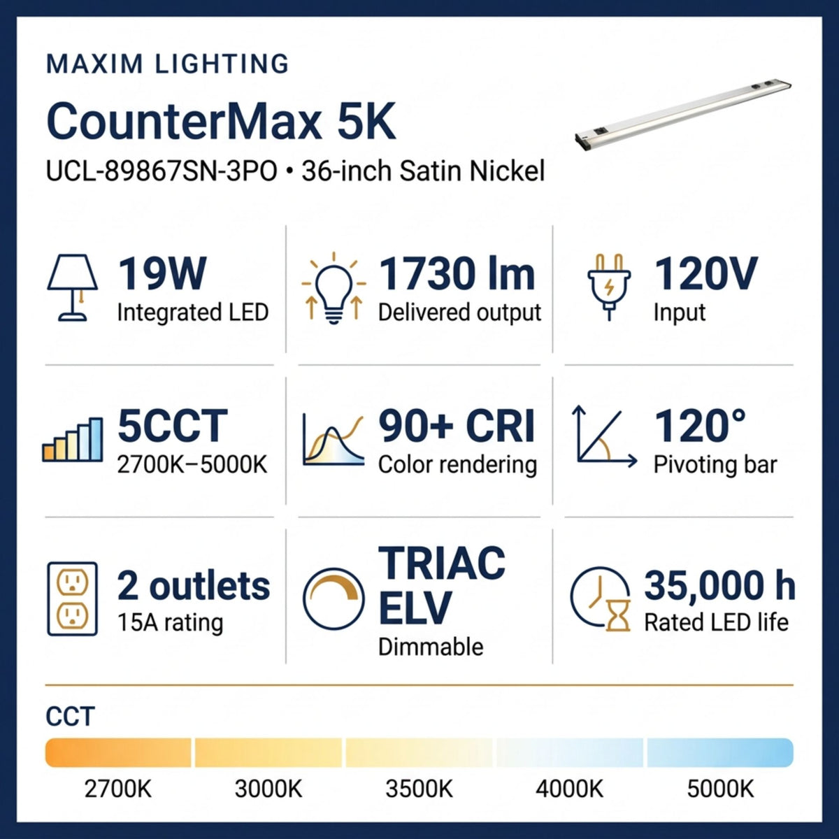 CounterMax 5K product specs graphic for under-cabinet light bar
