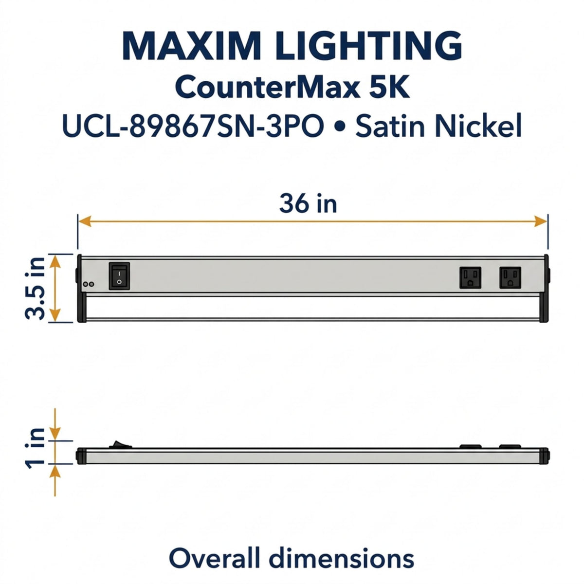 CounterMax 5K satin nickel under-cabinet light bar with overall dimensions diagram