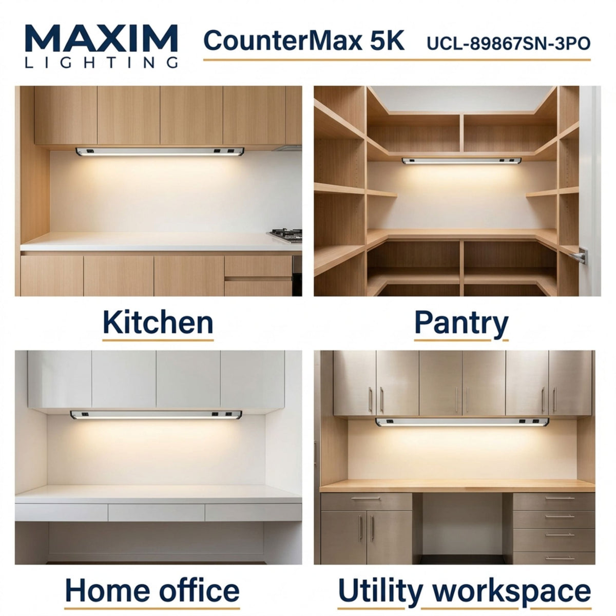 CounterMax 5K under-cabinet light bar shown in multiple room settings