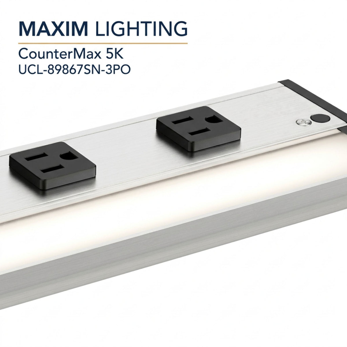 CounterMax 5K light bar with two black outlet covers and satin nickel housing