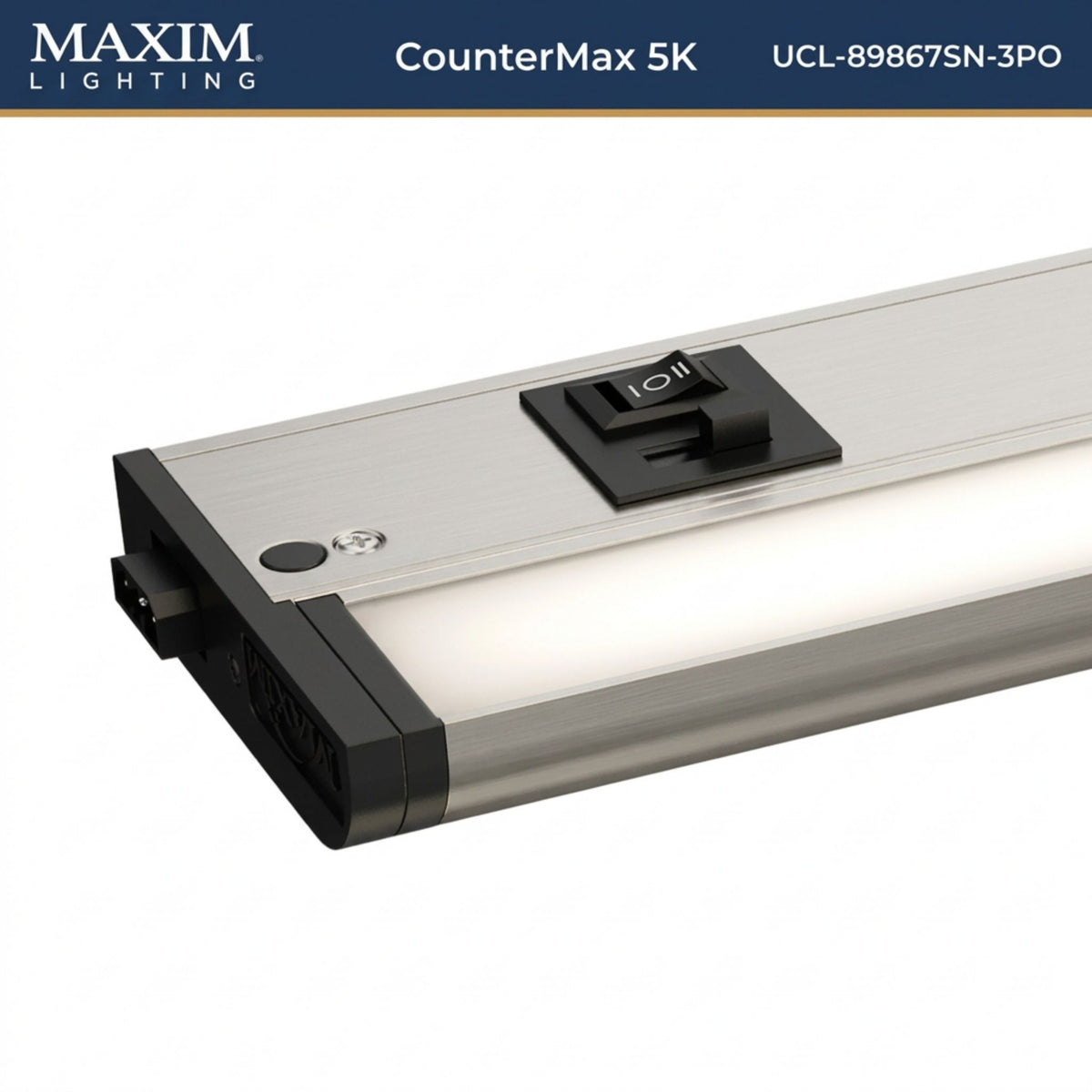 CounterMax 5K satin nickel light bar with front outlets and side mounting housing