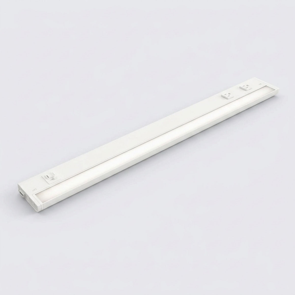 White undercabinet LED light bar with built-in outlets, 36 in