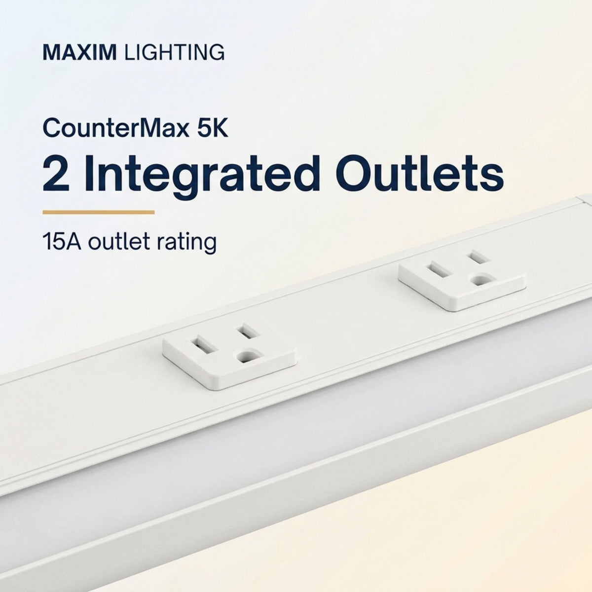 White undercabinet light bar featuring two integrated power outlets