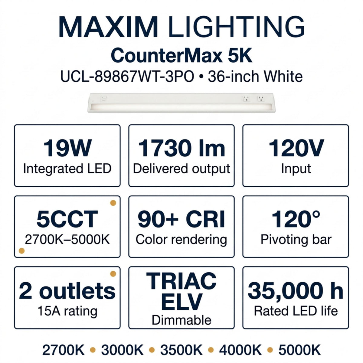 Maxim CounterMax 5K undercabinet LED light bar with specs panel