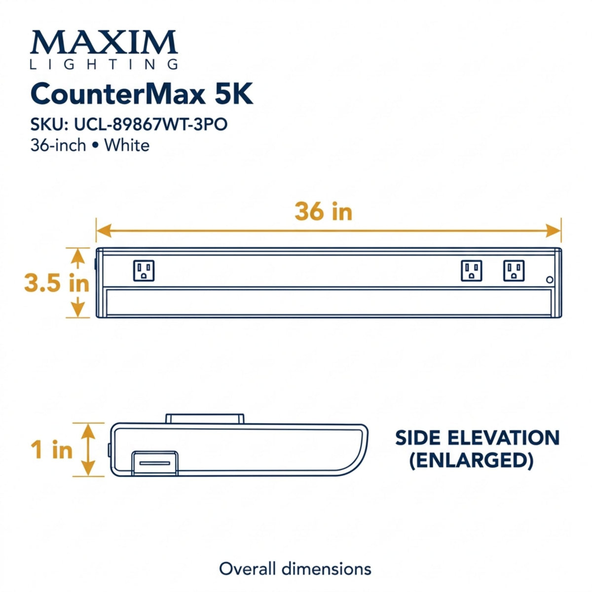 White CounterMax 5K undercabinet LED light bar dimensions view, 36 in