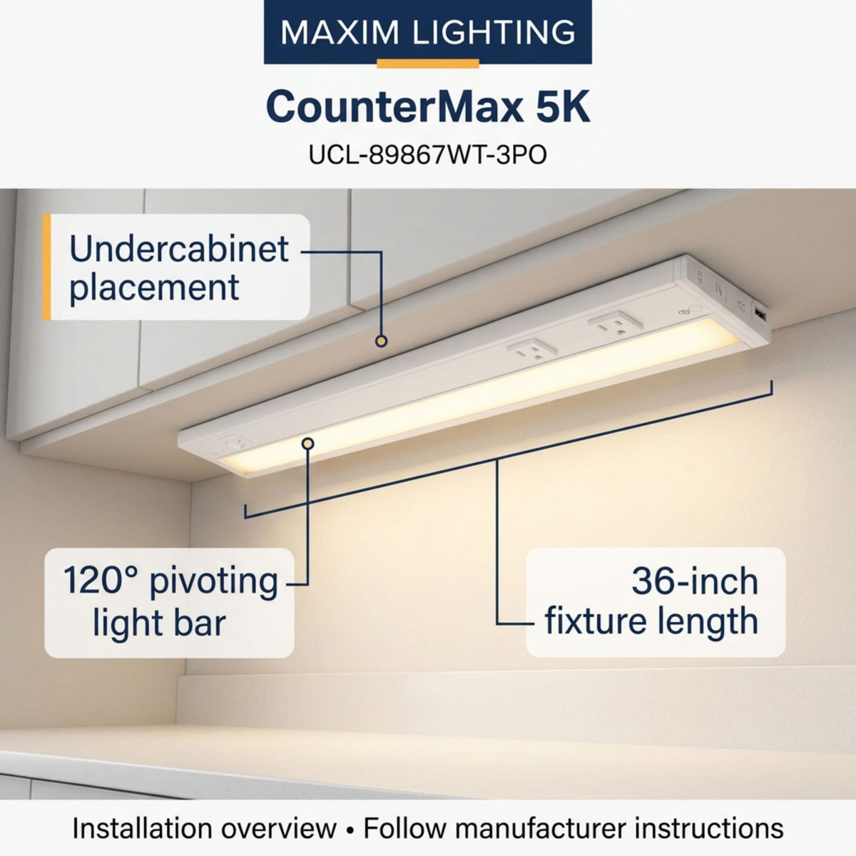 Under-cabinet LED light bar with 120-degree pivoting light and outlets