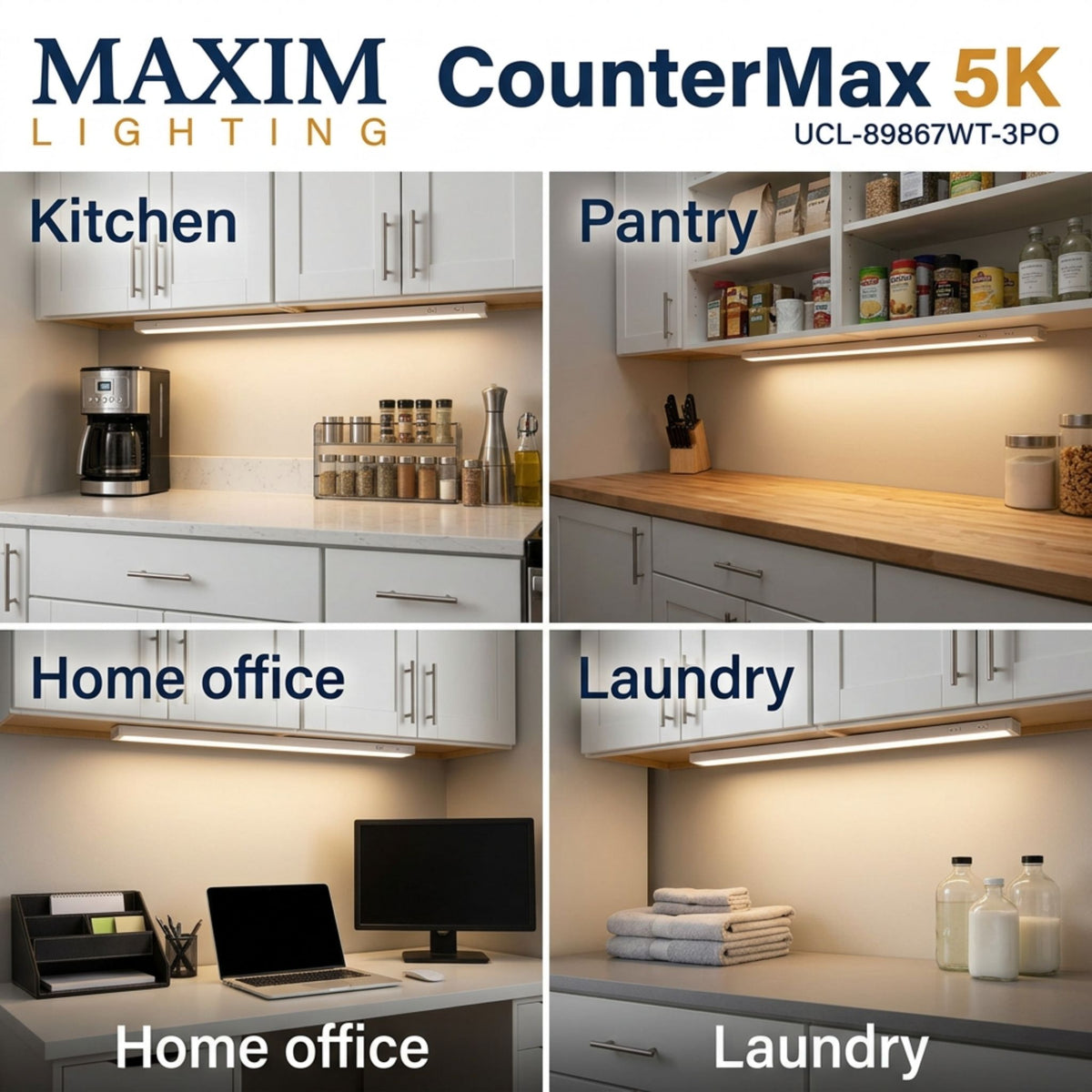 CounterMax 5K LED undercabinet light bar used in kitchen and pantry settings