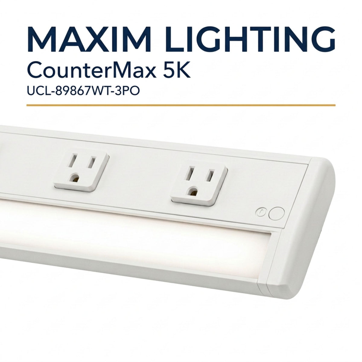 White undercabinet LED light bar with two outlet openings on face