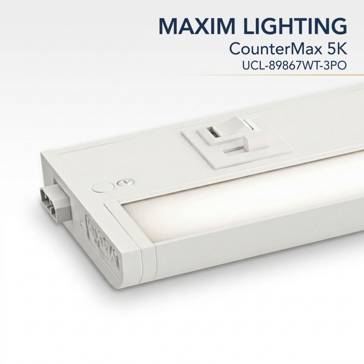 White undercabinet LED light bar side view with power outlet and wiring area
