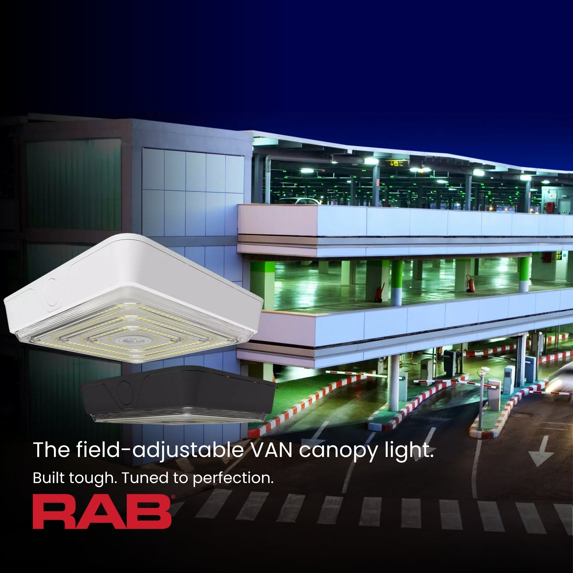 RAB VAN75W Adjustable Optics Canopy Light 11247 Lumens Selectable 75W-40W Selectable CCT 120-277V Surface Mount White