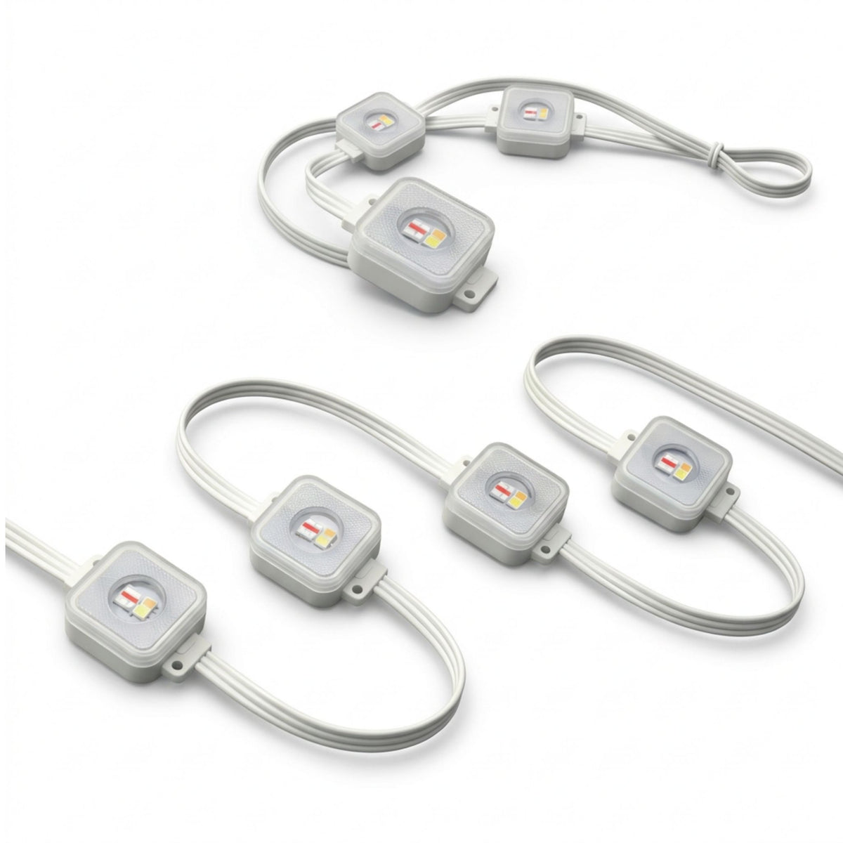 RGBW LED light extension string with five gray module heads and gray cable leads