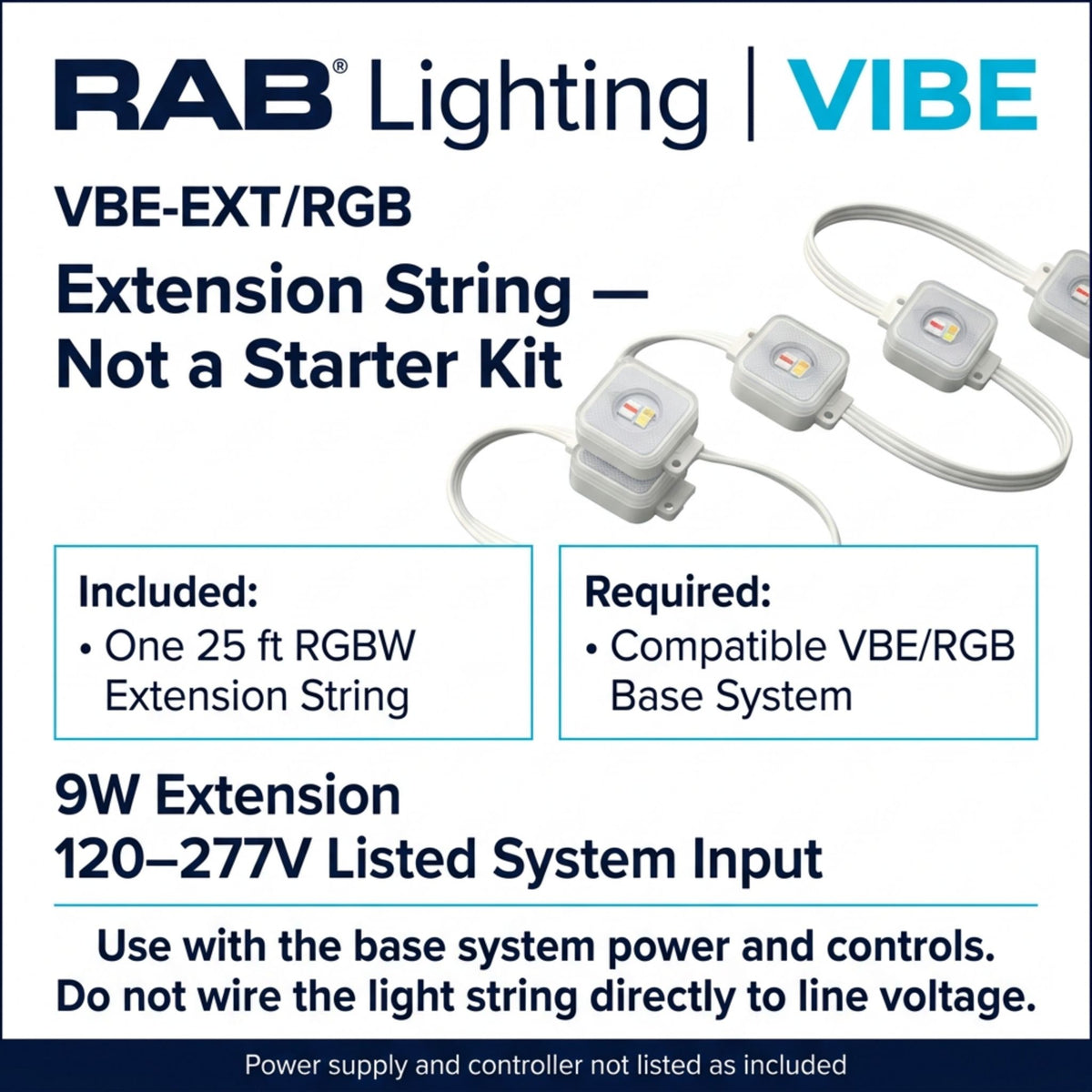 25 ft RGBW LED extension string package showing included extension and required VBE/RGB base