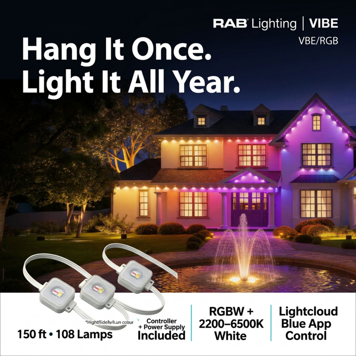 RAB Lighting VIBE 150 ft Permanent Eave Lights Kit, RGBW, 2200-6500K, Lightcloud Blue