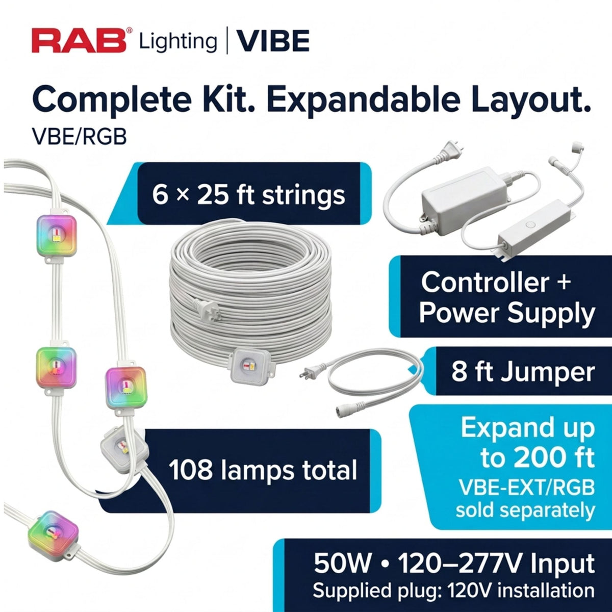 RAB Lighting VIBE 150 ft Permanent Eave Lights Kit, RGBW, 2200-6500K, Lightcloud Blue