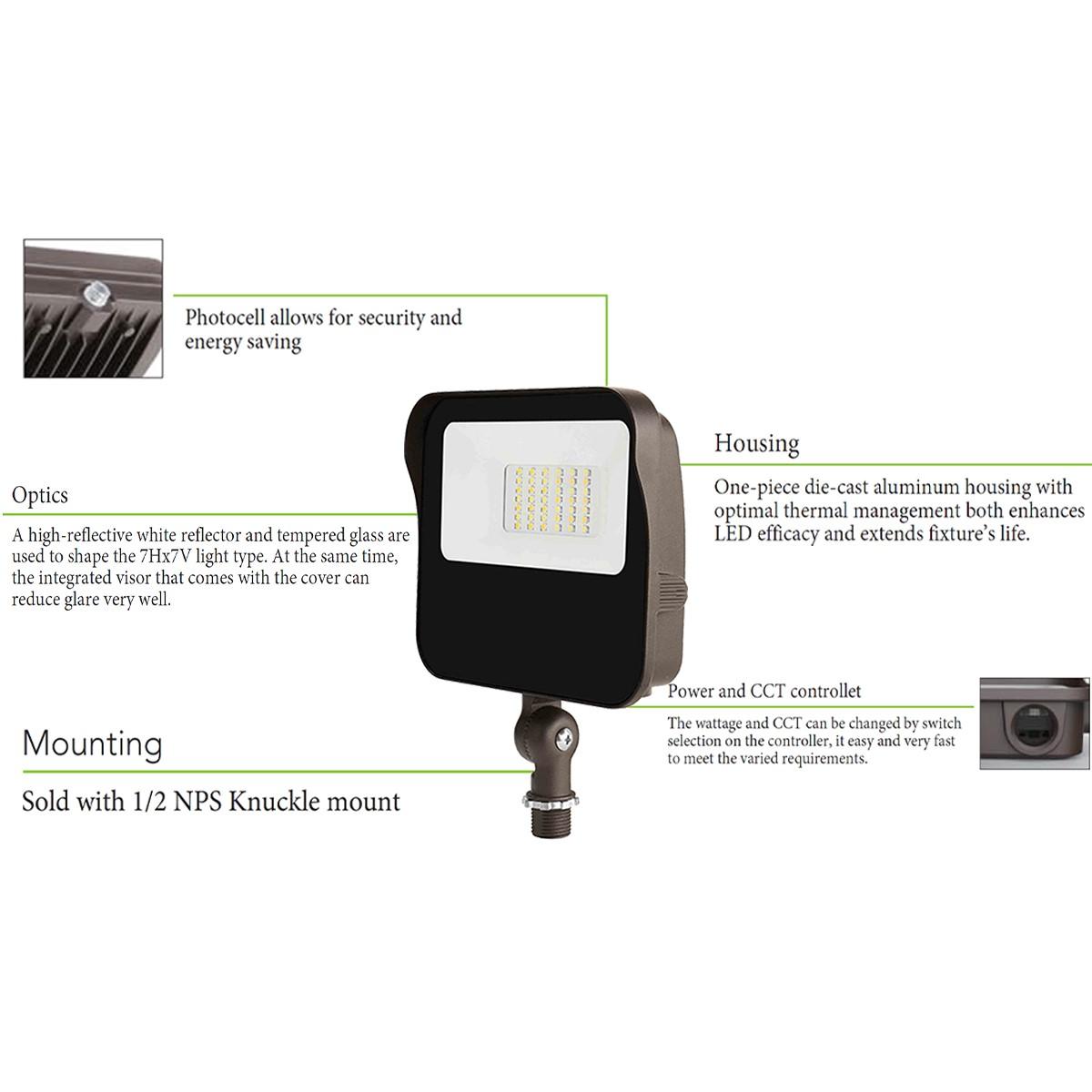 LED Flood Lights, 3800 Lm, 27W, 30K|40K|50K, Knuckle, 120-277V - Bees Lighting