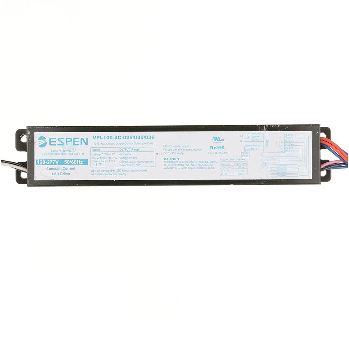 CoreTech VPL LED Driver, 69W, Selectable Constant Current 250-360mA, 0-10V Dimming, 4 Channels, 120-277V Input