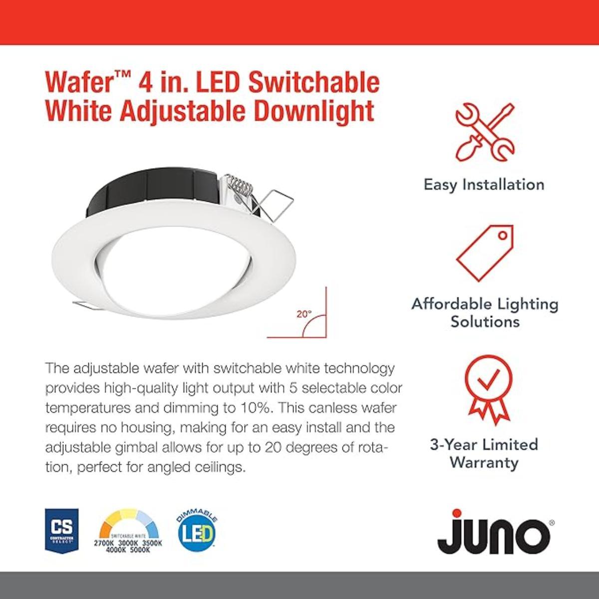 4 in. Wafer Adjustable LED Recessed Light, 700 Lumens ,Selectable CCT, 2700K to 5000K, White Finish