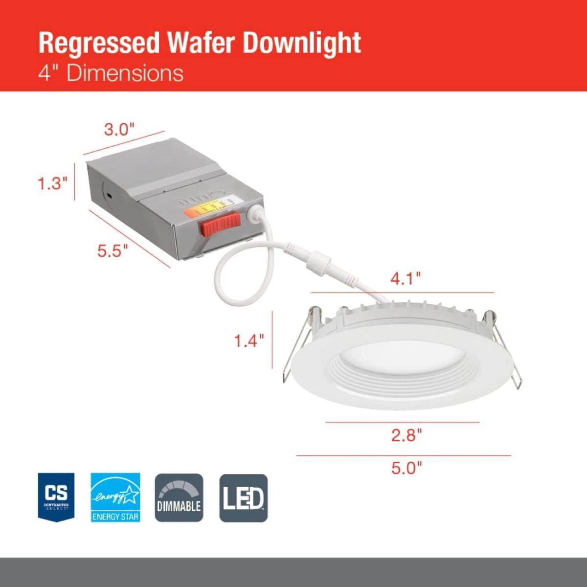4 In. Wafer Regress LED Recessed Light, 700 Lumens, Selectable CCT, 2700K to 5000K, White Finish