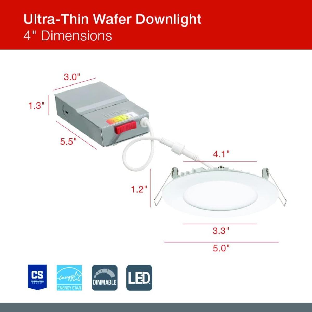 4 In. Wafer Ultra Thin LED Recessed Light, 9 Watt, 700 Lumens, Selectable CCT, 2700K to 5000K, Matte White Finish