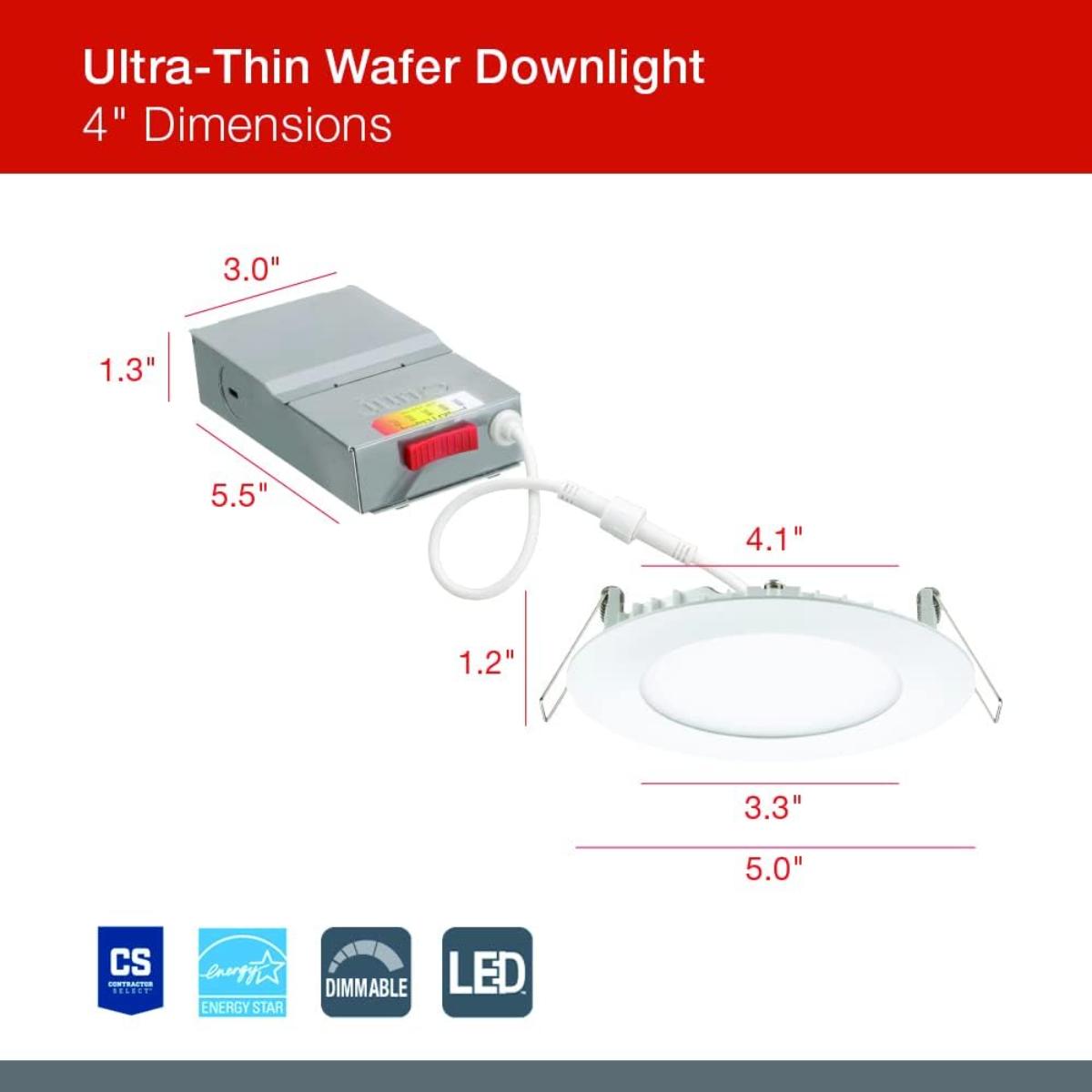 4 In. Wafer Ultra Thin LED Recessed Light, 9 Watt, 700 Lumens, Selectable CCT, 2700K to 5000K, Matte White Finish - Bees Lighting