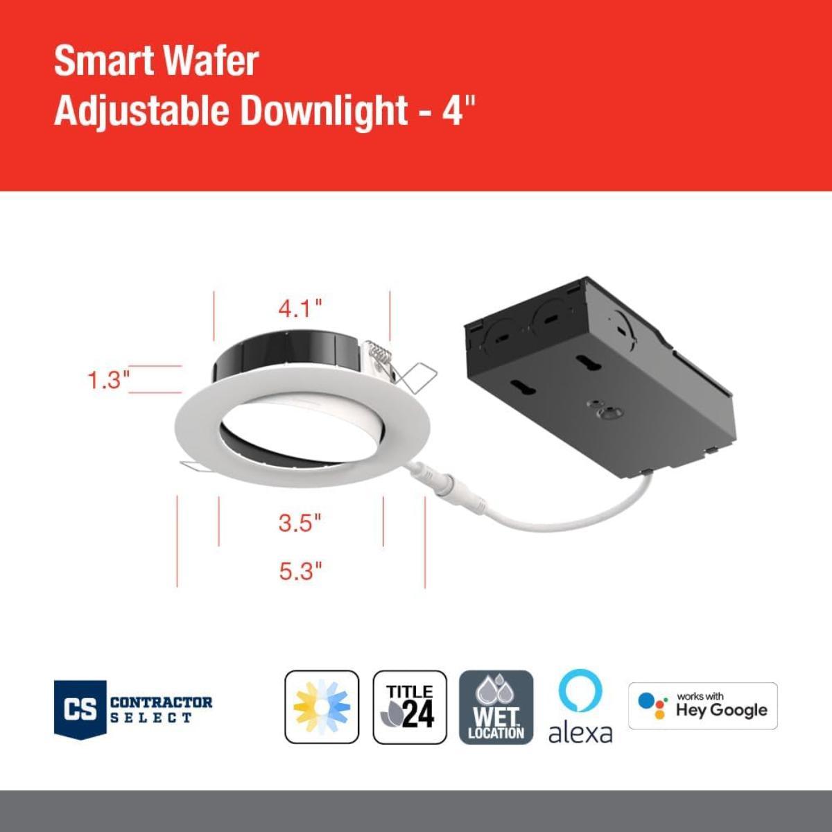 4 In. Smart Wafer Canless LED Downlight, 11 Watt, 850 Lumens, Tunable White 2700K to 5000K, Adjustable Trim - Bees Lighting