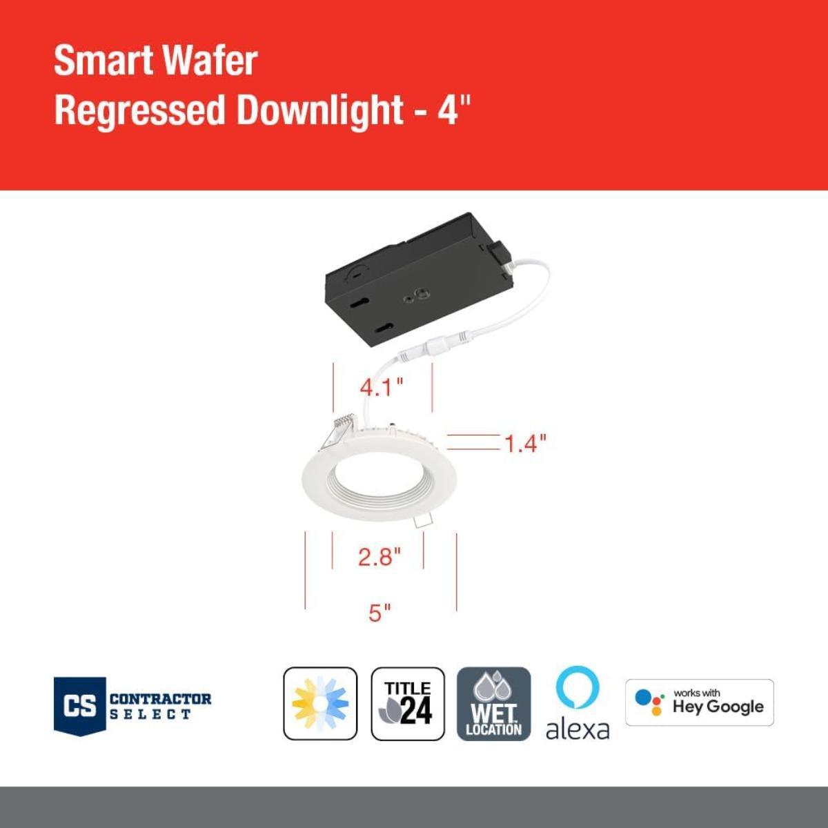 4 In. Smart Wafer Canless LED Downlight, 9 Watt, 700 Lumens, Tunable White 2700K to 5000K, Regress Trim