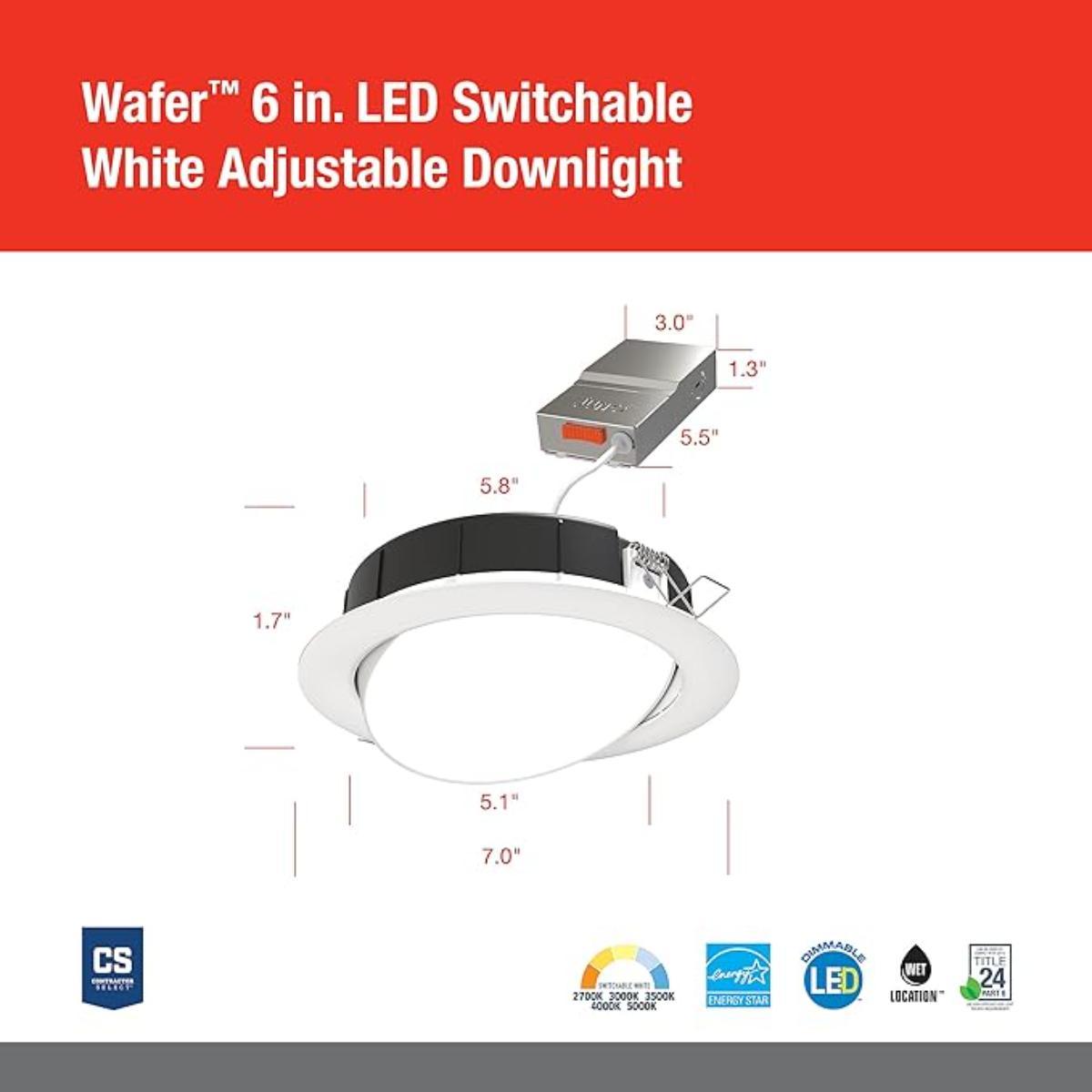 6 in. Wafer Adjustable LED Recessed Light, 1000 Lumens, Selectable CCT, 2700K to 5000K, White Finish