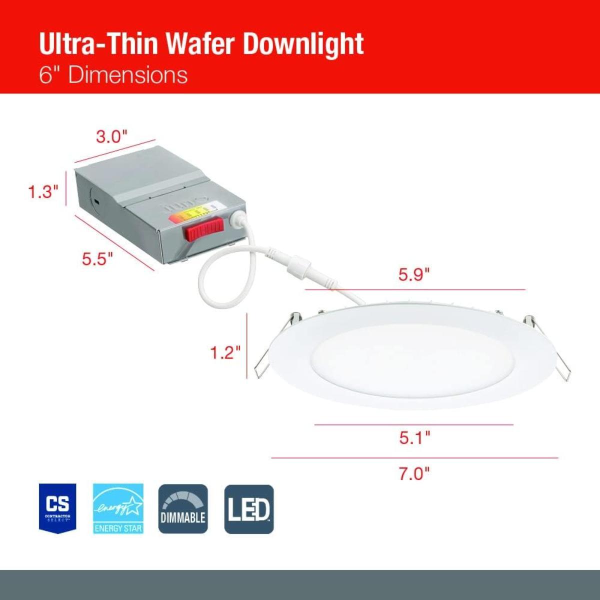 6 In. Wafer Ultra Thin LED Recessed Light, 13 Watt, 1005 Lumens, Selectable CCT, 2700K to 5000K, Matte Black Finish