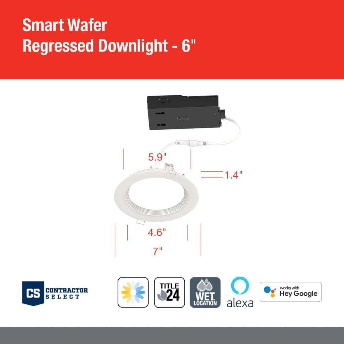 6 In. Smart Wafer Canless LED Downlight, 13 Watt, 1000 Lumens, Tunable White, 2700K to 5000K, Regress Trim - Bees Lighting