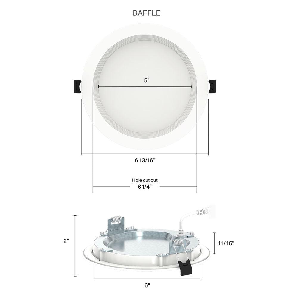6 In. Wafer Canless LED Recessed Light, 13 Watt, 1100 Lumens, Selectable CCT, 2700K to 5000K, Baffle Trim