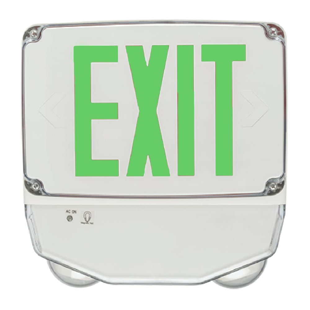 LED Combo Exit Sign, Single face with Green Letters, White Finish, Battery Backup Included, Self-Diagnostics